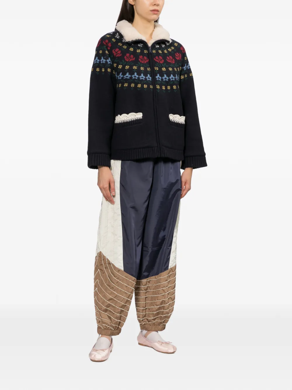 Sea Fair Isle-knit shearling-collar jacket Blauw