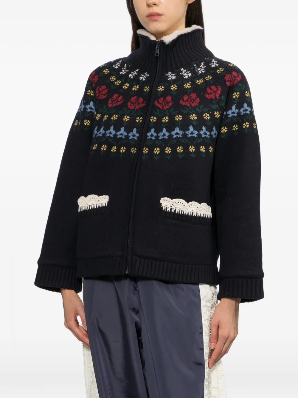 Sea Fair Isle-knit shearling-collar jacket Blauw