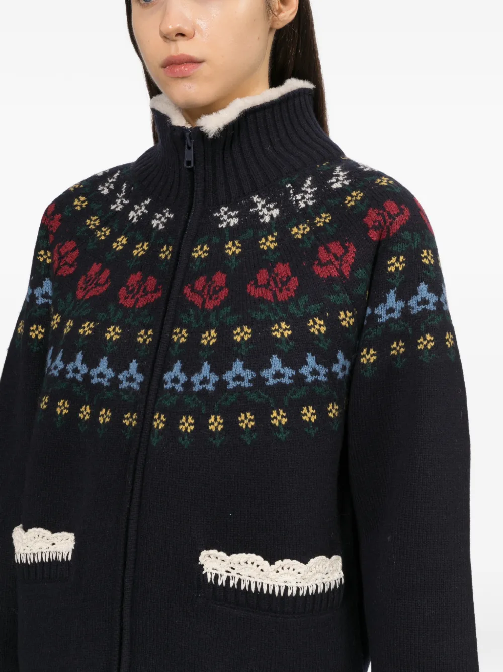 Sea Fair Isle-knit shearling-collar jacket Blauw