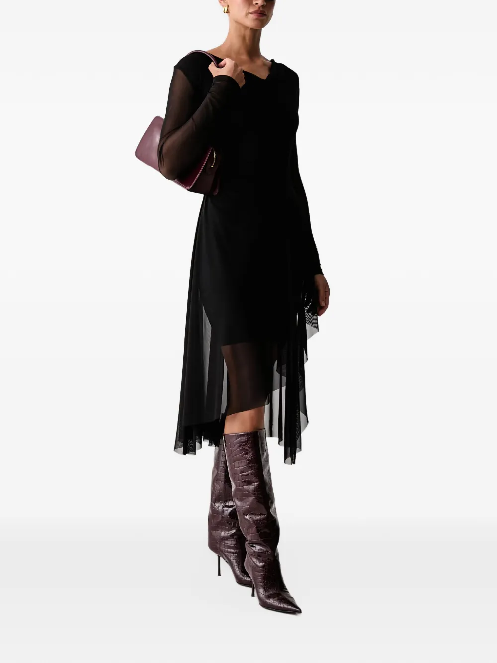 AllSaints Loria asymmetrische jurk met mesh vlakken Zwart