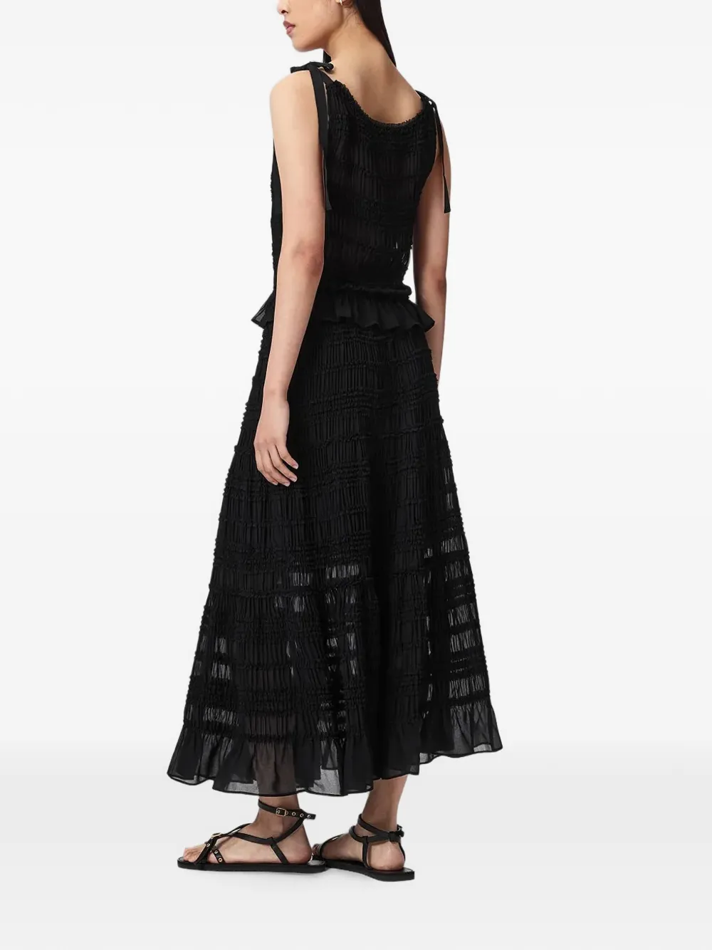 AllSaints Lotus smocked ruffled midi skirt Zwart