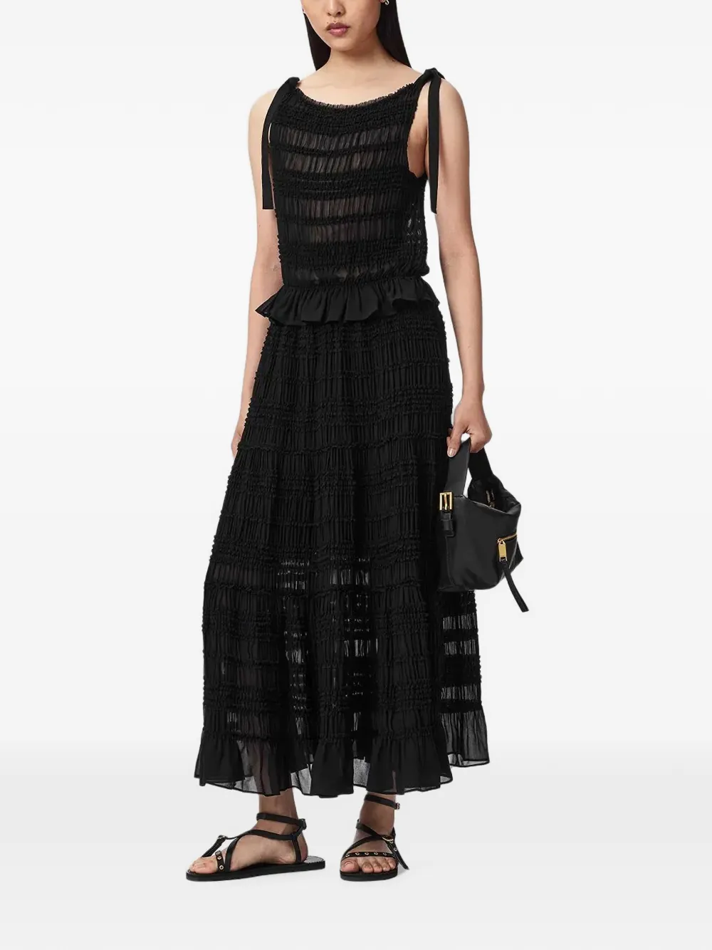AllSaints Lotus smocked ruffled midi skirt Zwart