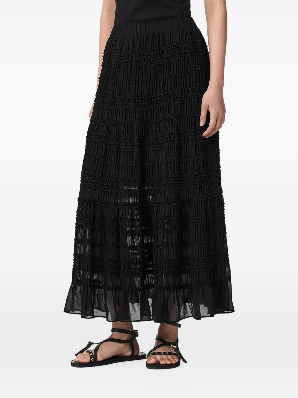AllSaints Lotus smocked ruffled midi skirt