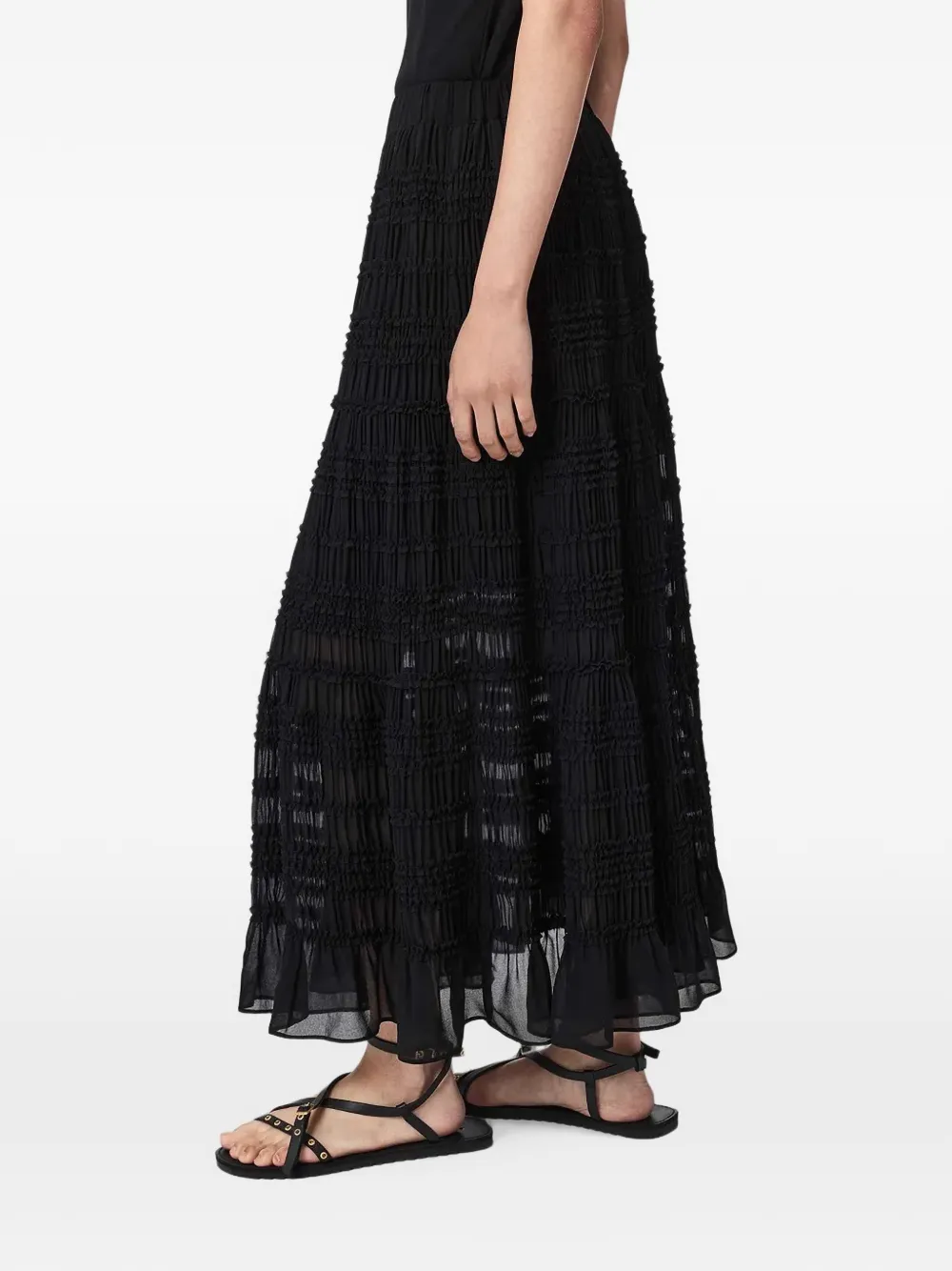 AllSaints Lotus smocked ruffled midi skirt Zwart