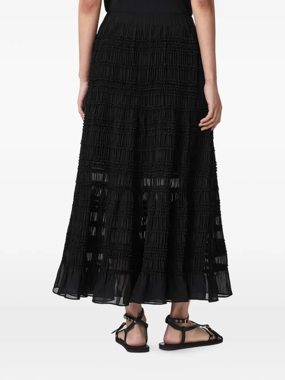 AllSaints Lotus smocked ruffled midi skirt Zwart