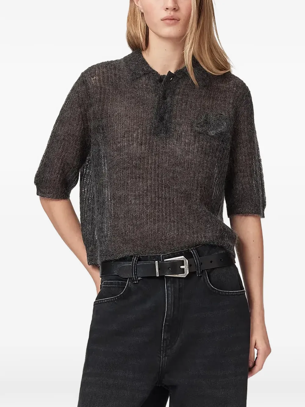 AllSaints logo-embroidered polo-style sweater - Grigio