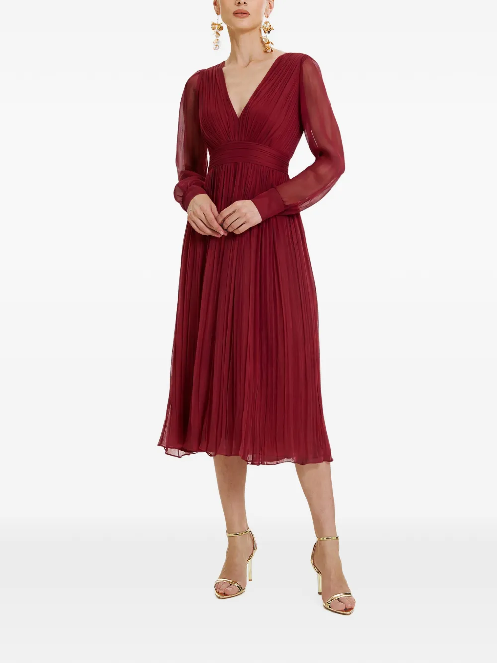 FRAMBOISE Vasquez zijden midi-jurk met lange mouwen Rood