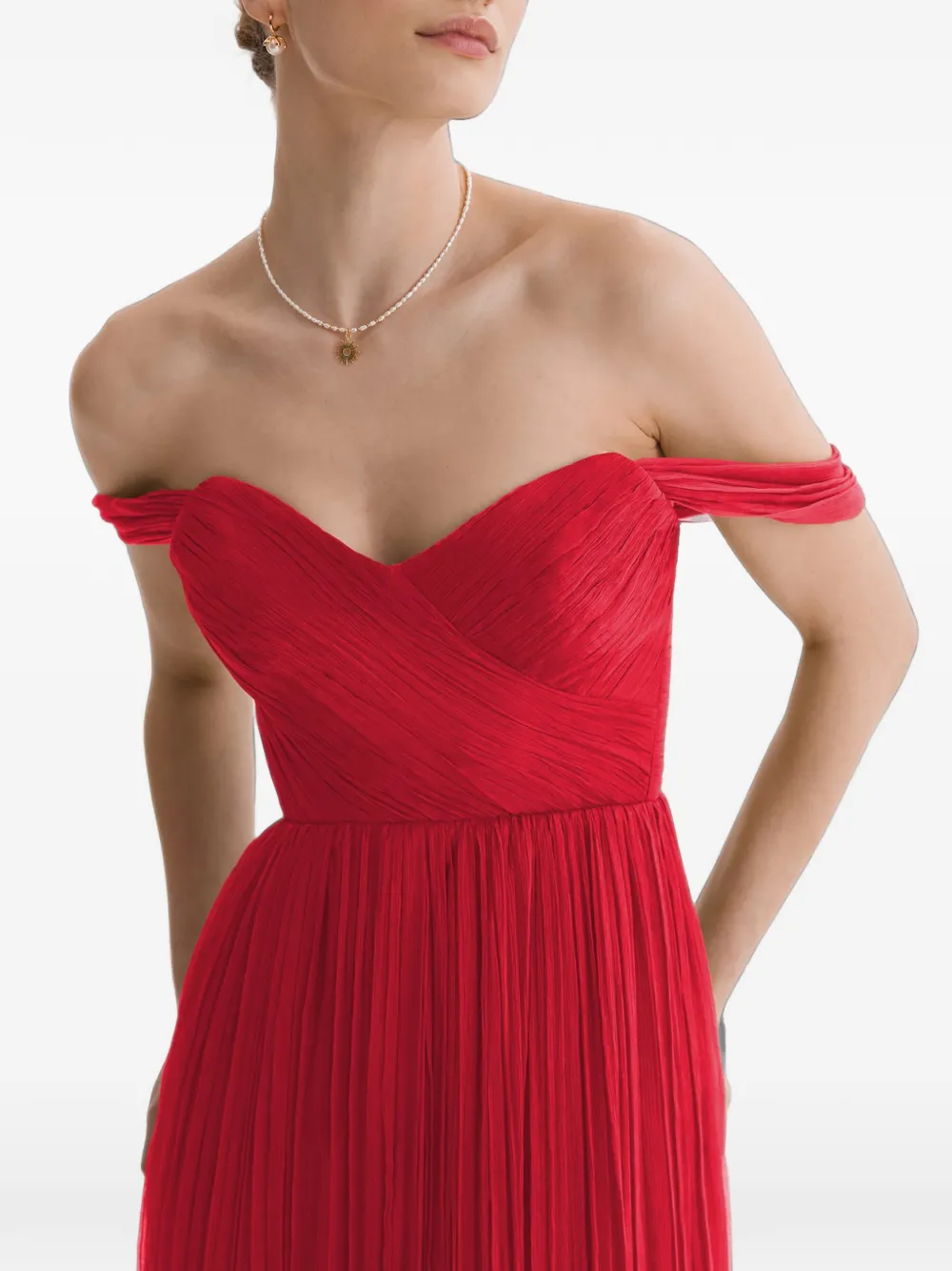FRAMBOISE Canneline off-shoulder geplooide midi-jurk Rood