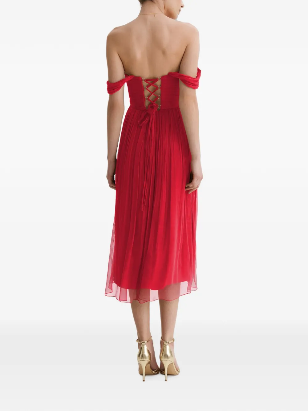 FRAMBOISE Canneline off-shoulder geplooide midi-jurk Rood