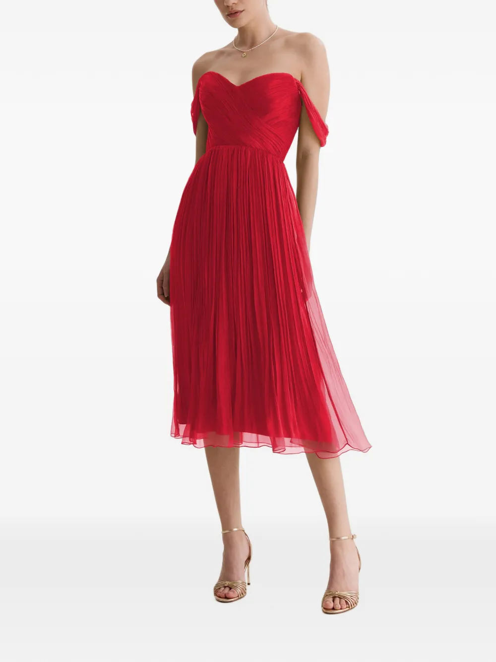 FRAMBOISE Canneline off-shoulder geplooide midi-jurk Rood