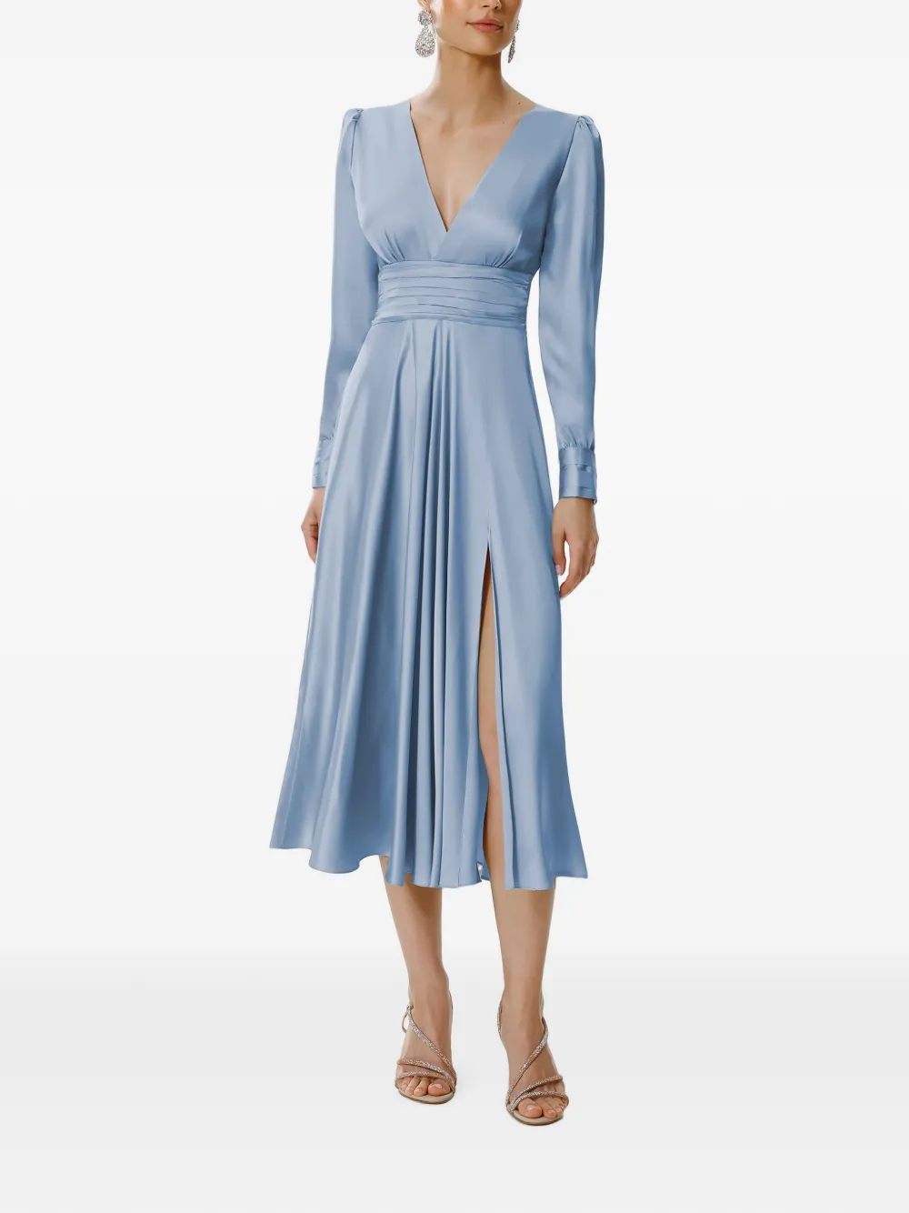 FRAMBOISE Yuno midi-jurk met V-hals en lange mouwen Blauw