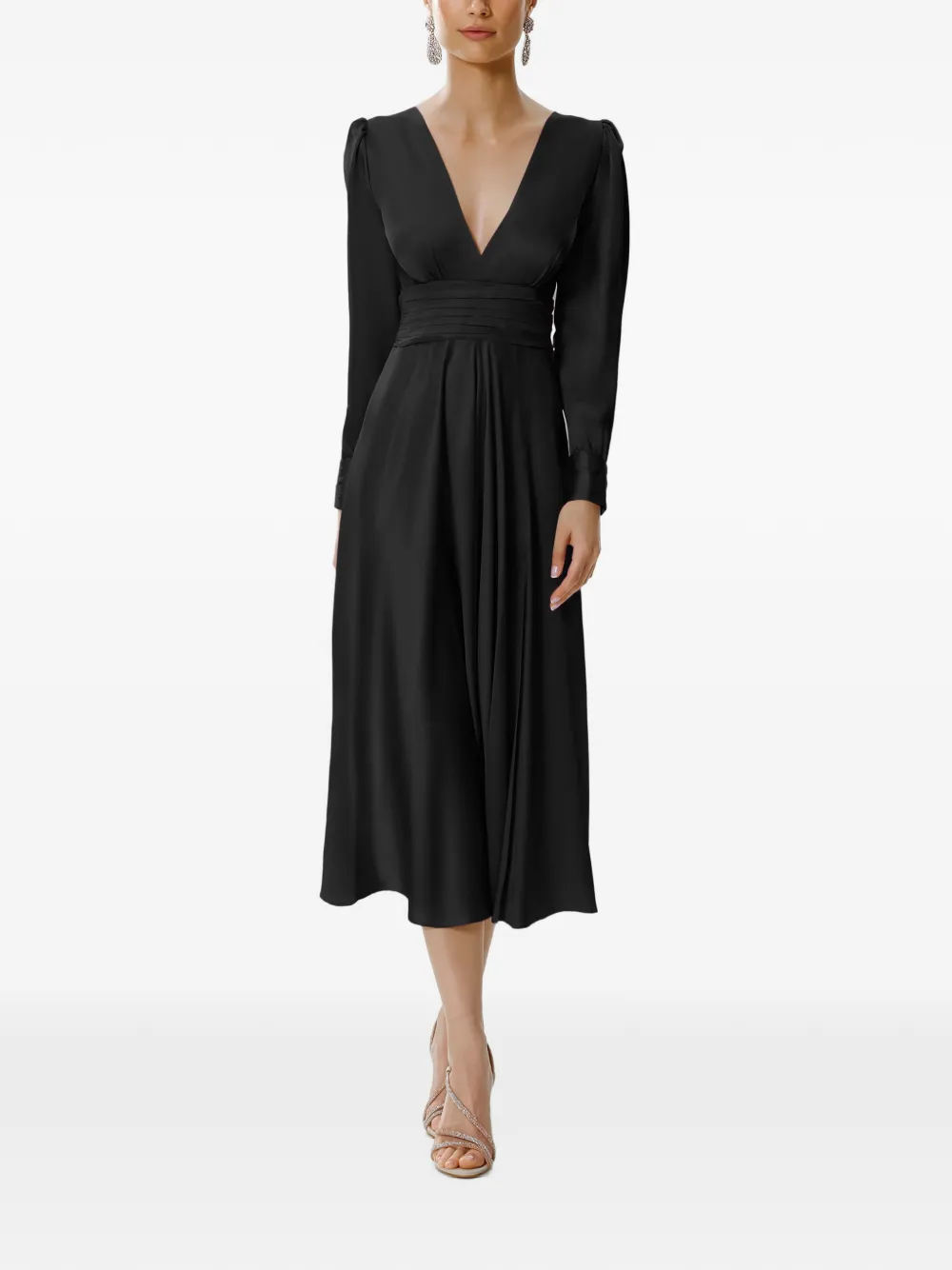 FRAMBOISE Yuno V-neck long-sleeve midi dress Zwart