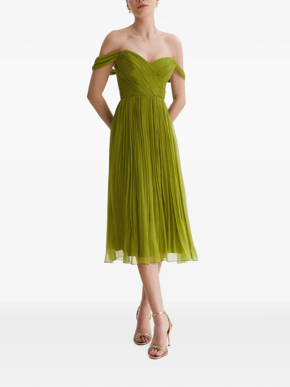 FRAMBOISE Canneline off-shoulder geplooide midi-jurk Groen