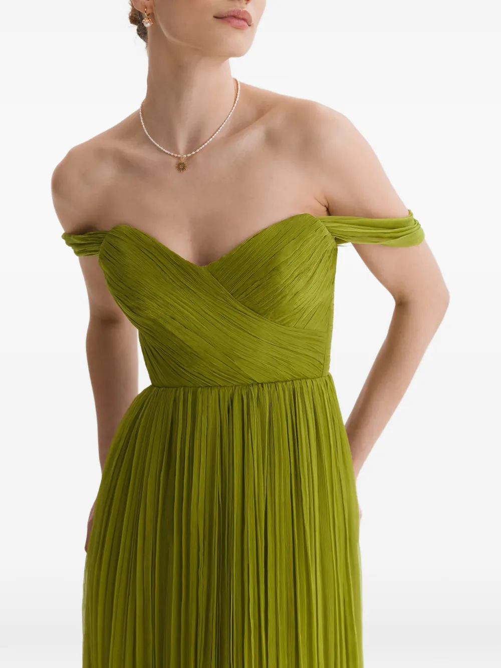 FRAMBOISE Canneline off-shoulder geplooide midi-jurk Groen