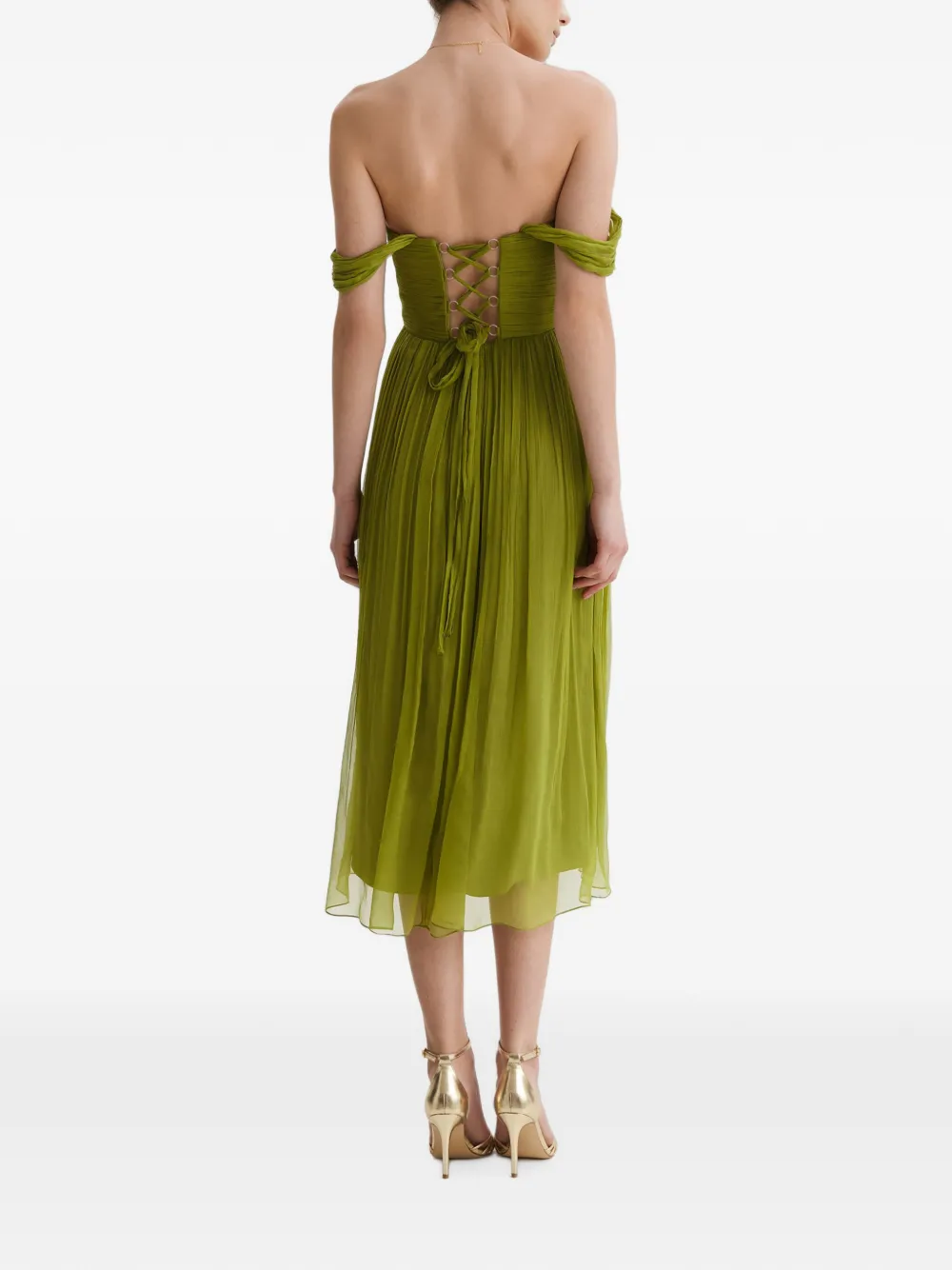 FRAMBOISE Canneline off-shoulder geplooide midi-jurk Groen