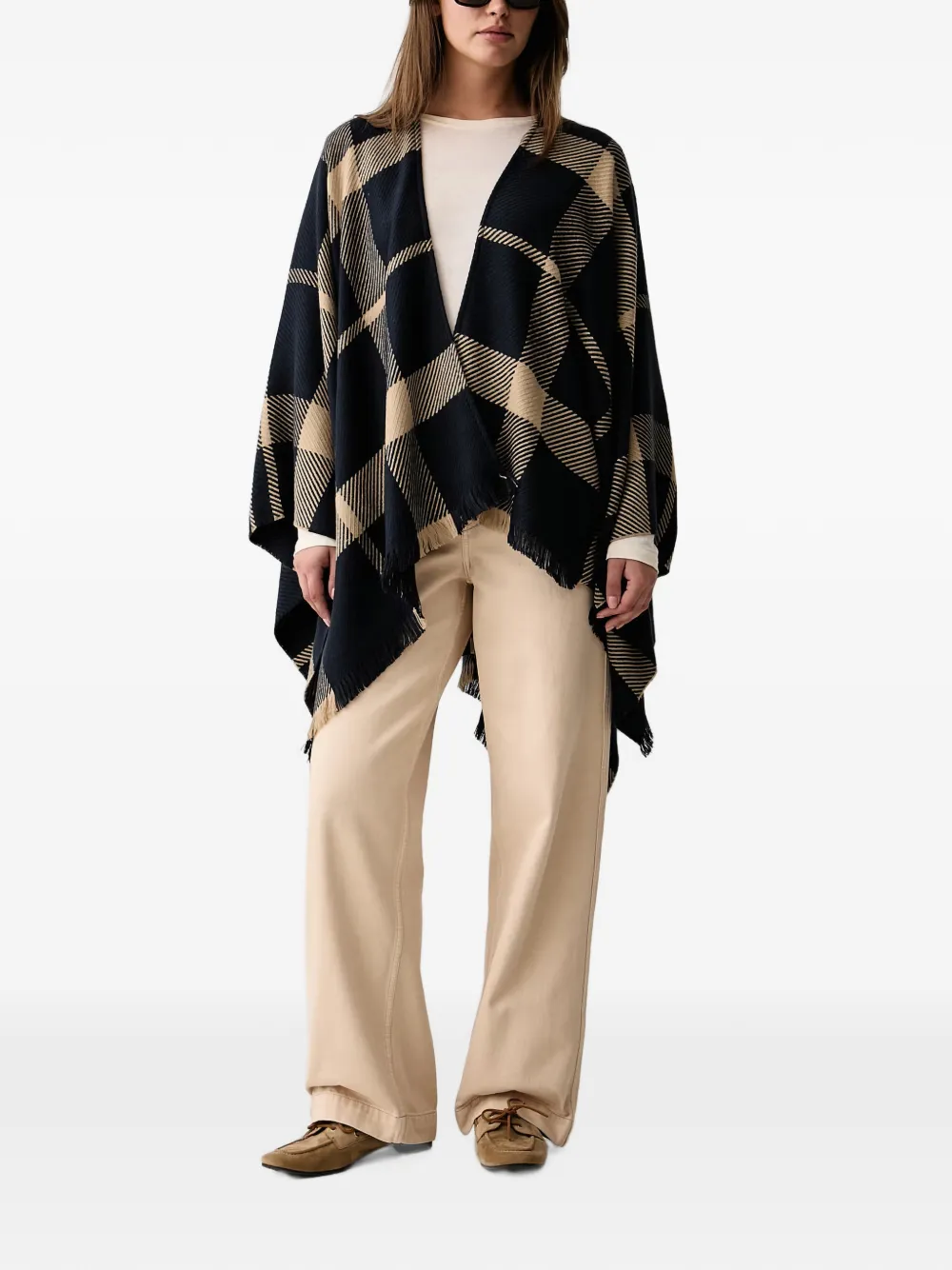 Barbour check fringed poncho Beige