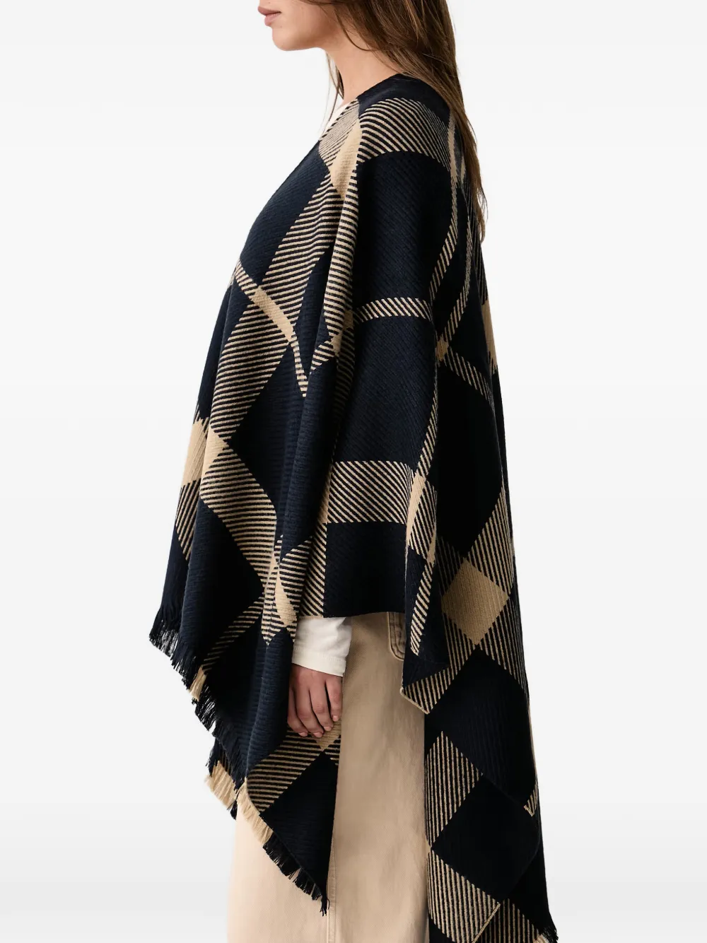 Barbour check fringed poncho Beige