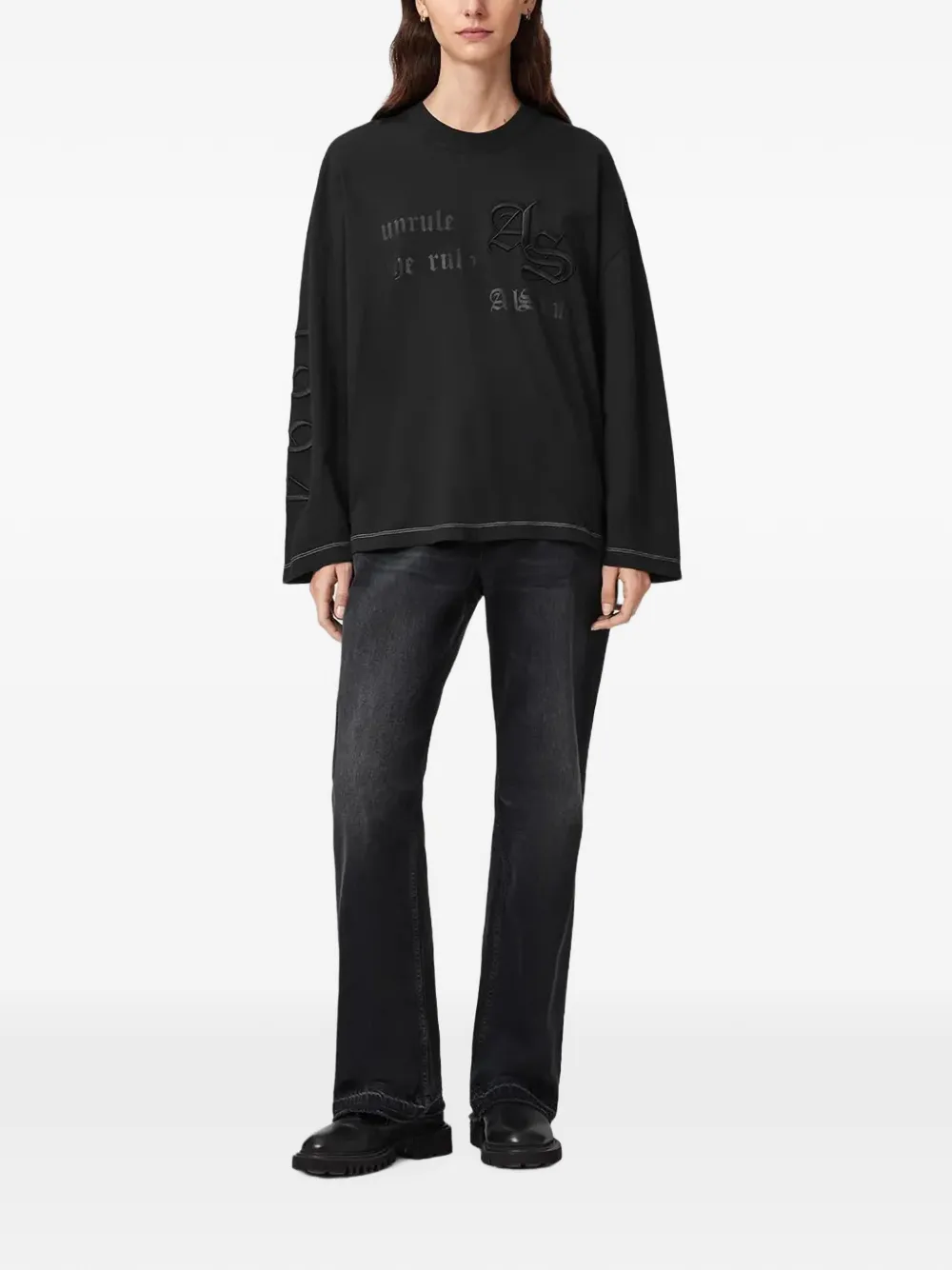 AllSaints T-shirt met lange mouwen en geborduurd logo Zwart