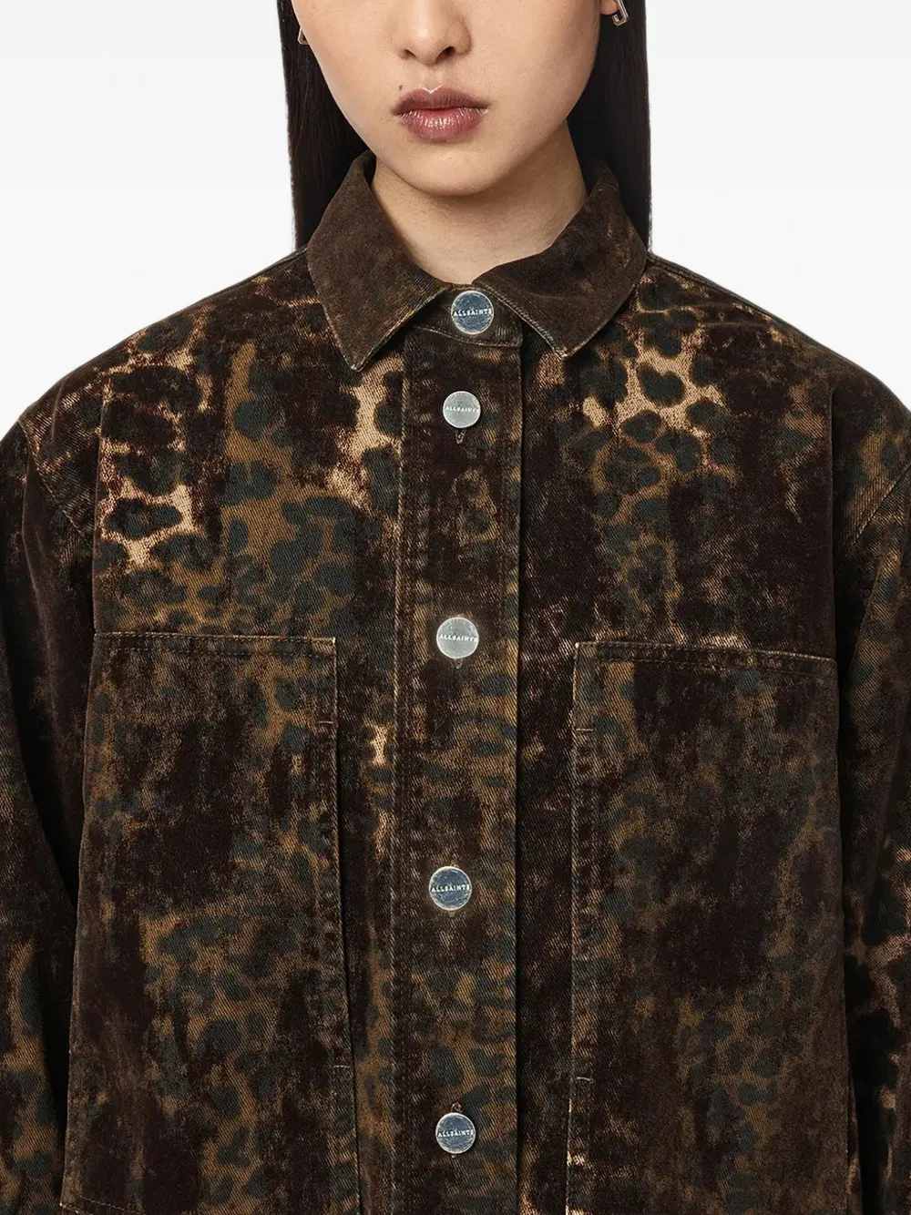 AllSaints Denim blouse met luipaard-print Bruin