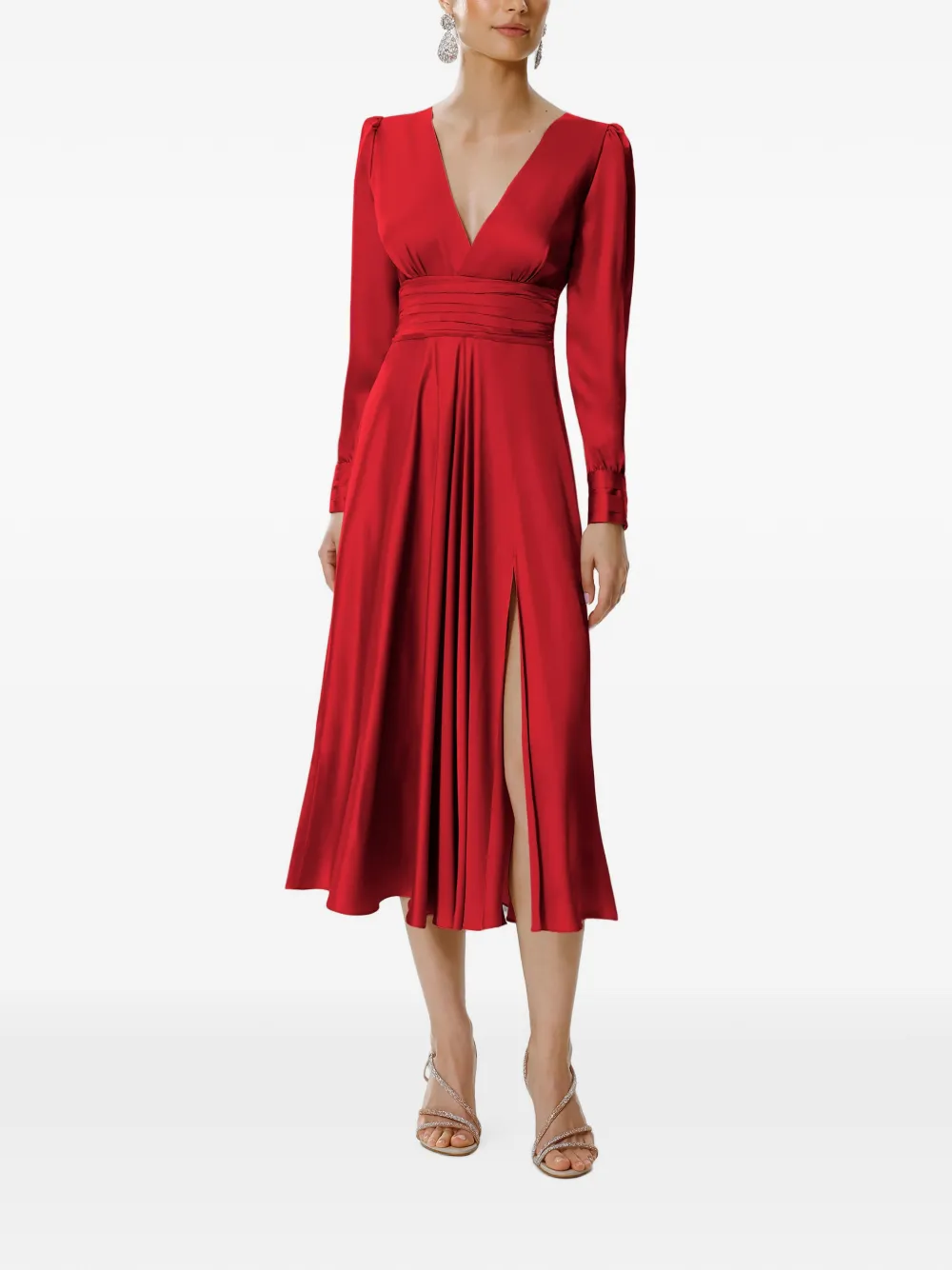 Framboise Satin-finish Side-slit Midi Dress In Red