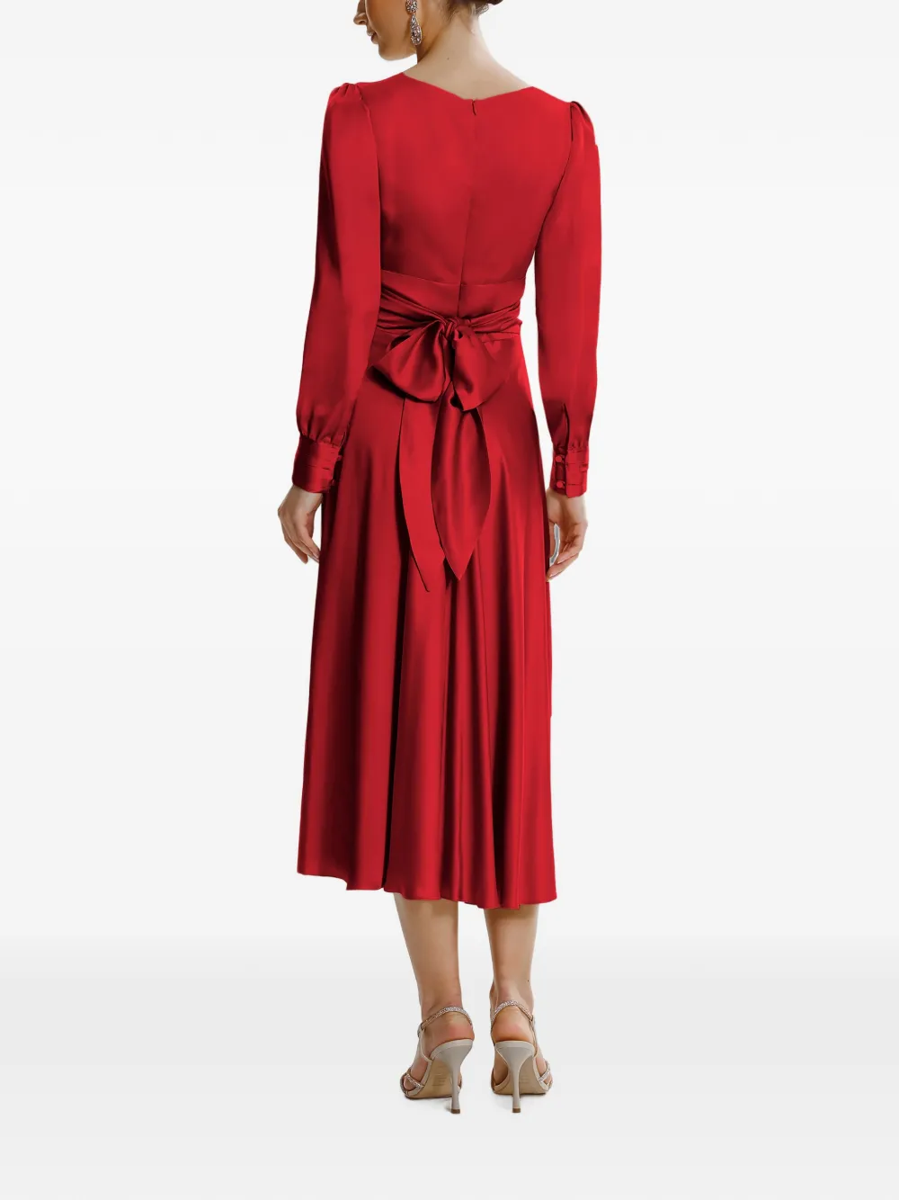 FRAMBOISE Yuno midi-jurk met V-hals en lange mouwen Rood