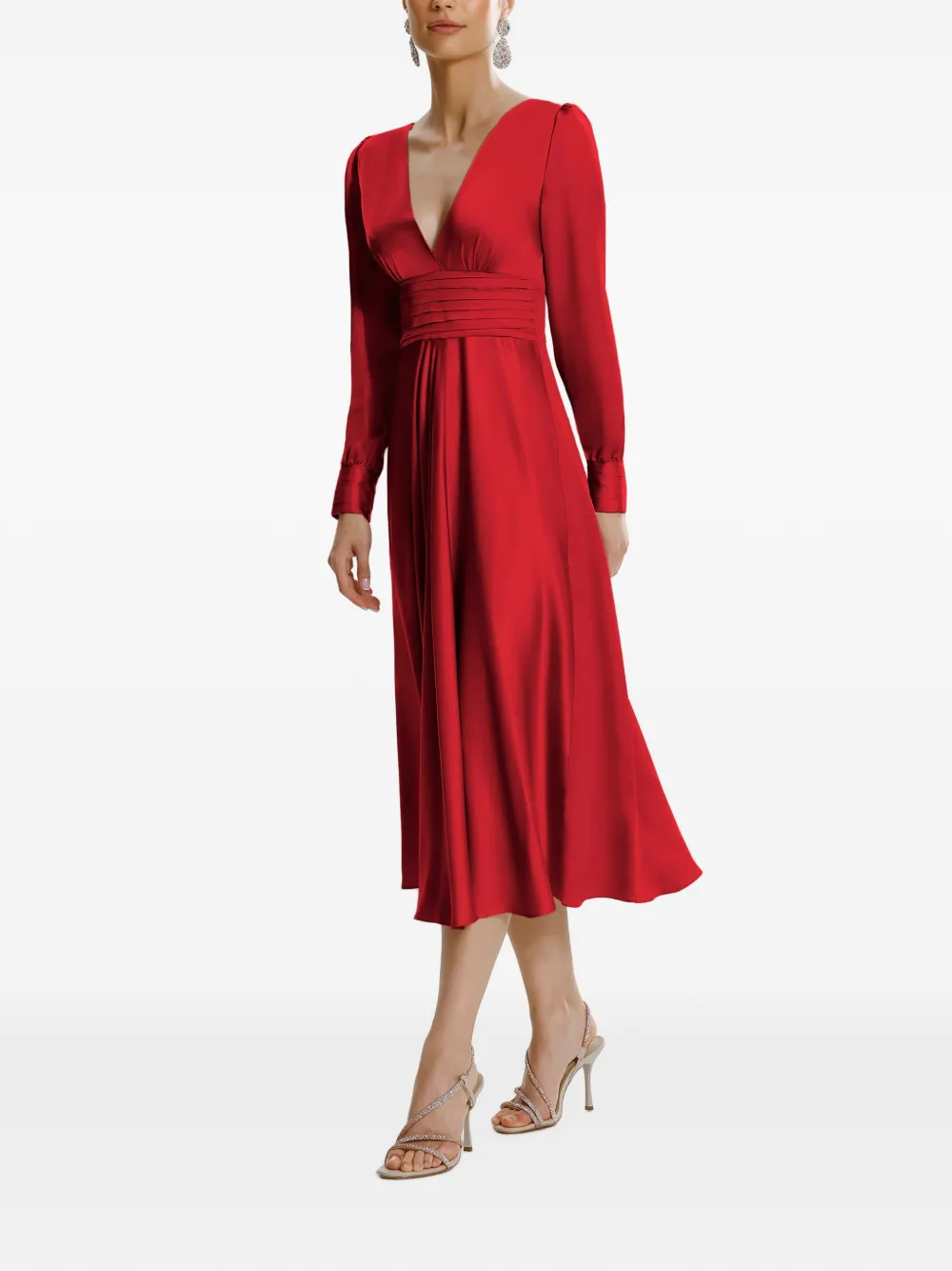 FRAMBOISE Yuno midi-jurk met V-hals en lange mouwen Rood