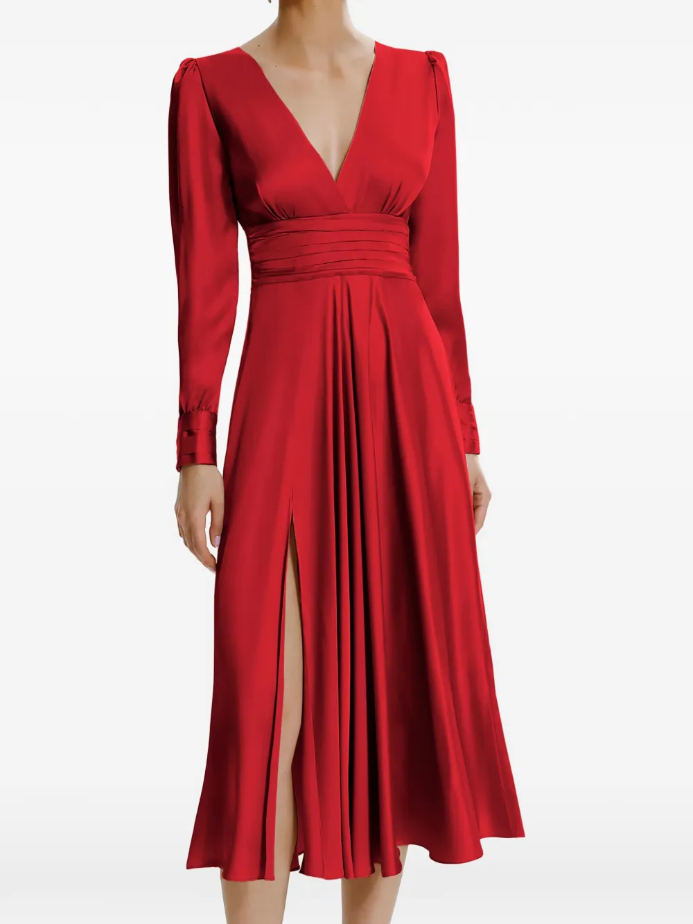 FRAMBOISE Yuno midi-jurk met V-hals en lange mouwen Rood