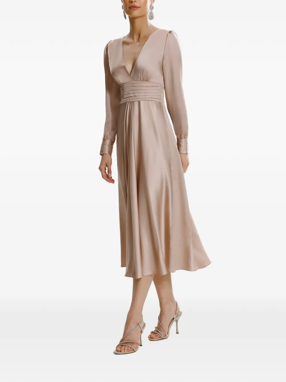 FRAMBOISE Yuno midi-jurk met strikdetail en satijnen afwerking Beige