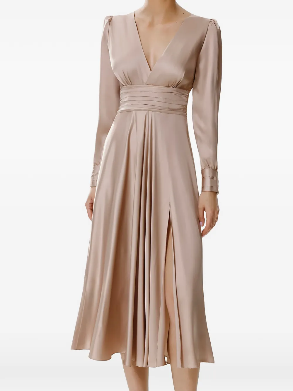 FRAMBOISE Yuno midi-jurk met strikdetail en satijnen afwerking Beige