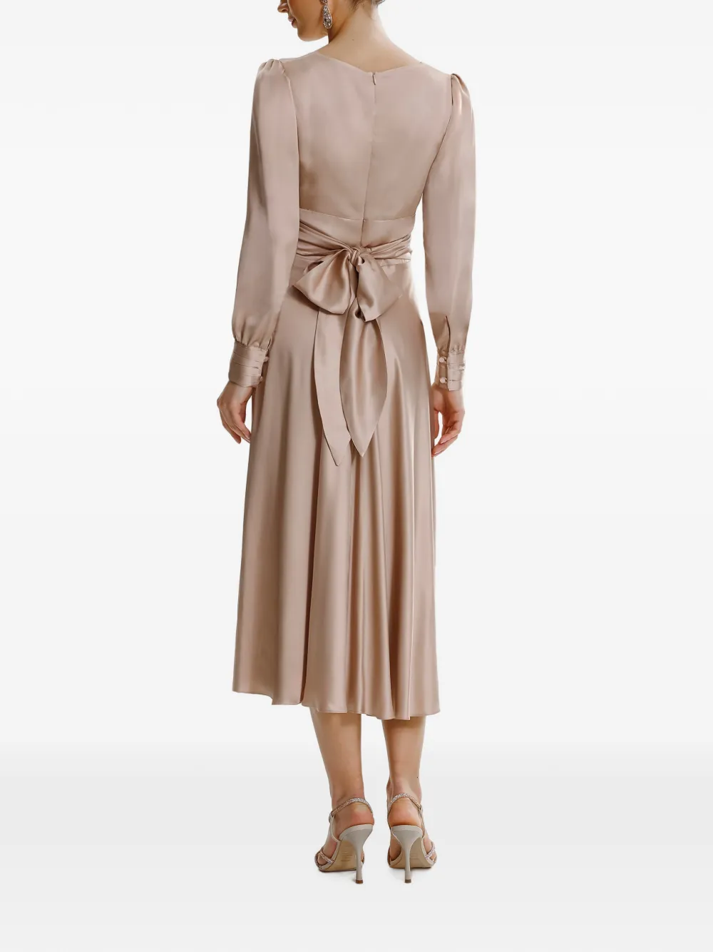 FRAMBOISE Yuno midi-jurk met strikdetail en satijnen afwerking Beige