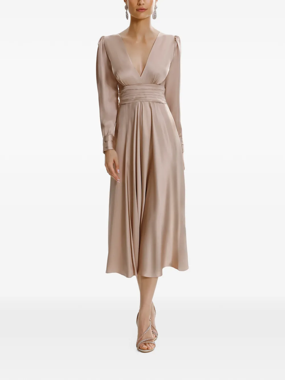 FRAMBOISE Yuno midi-jurk met strikdetail en satijnen afwerking Beige