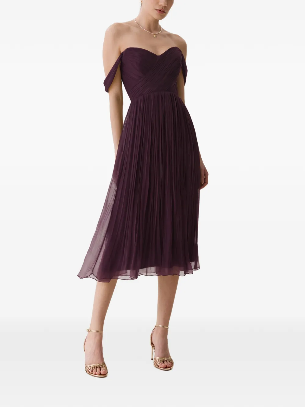 FRAMBOISE Canneline off-shoulder geplooide midi-jurk Paars