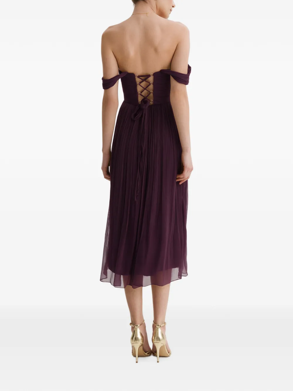 FRAMBOISE Canneline off-shoulder geplooide midi-jurk Paars