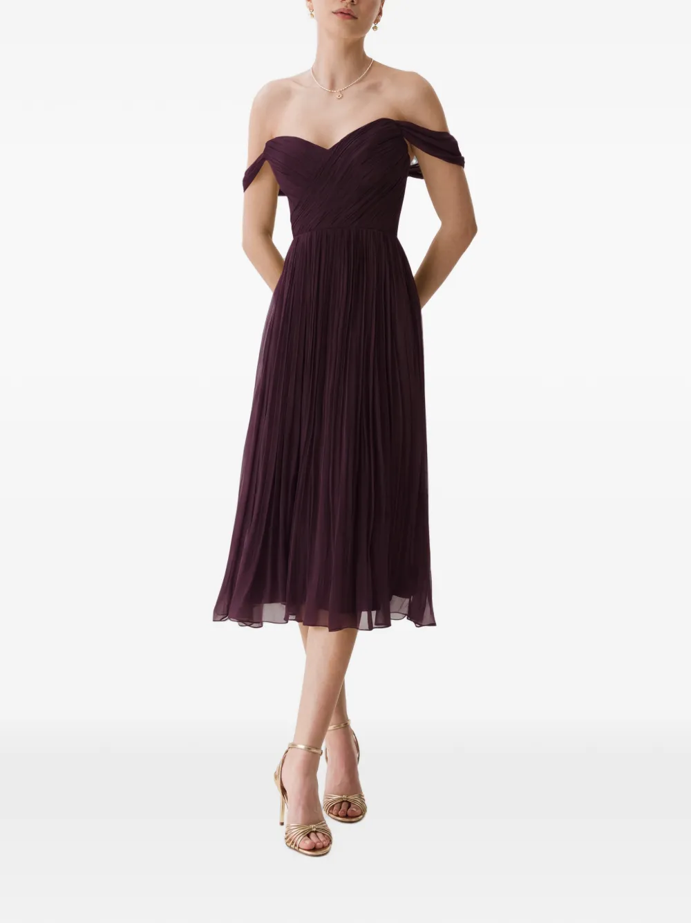 Framboise Canneline Off-shoulder Pleated Midi Dress In Burgundy
