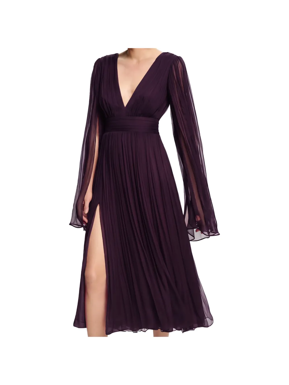 Framboise V-neck Pleated Silk Midi Dress In Purple