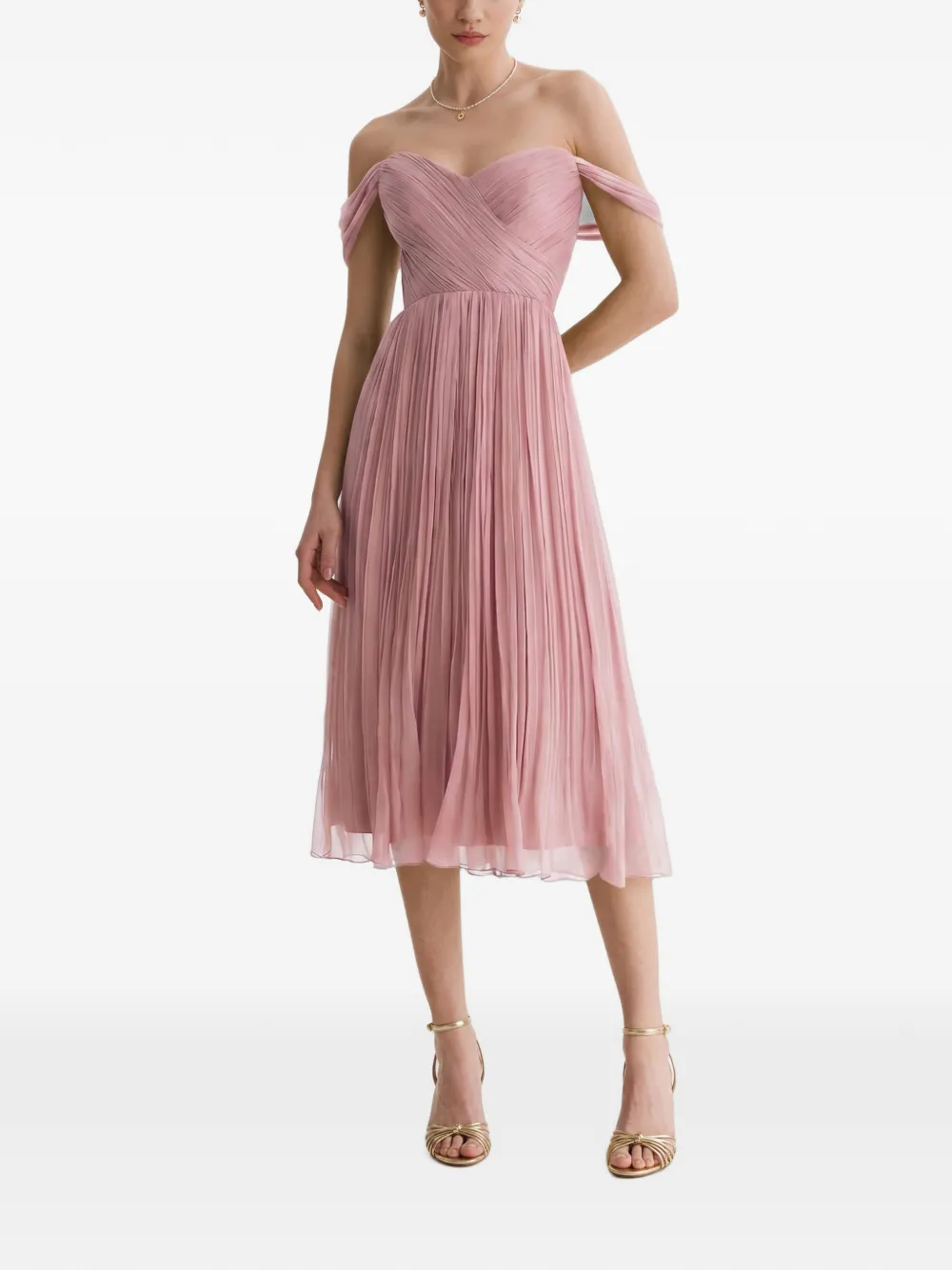 Framboise Pleated Off-shoulder Midi Dress In Pink