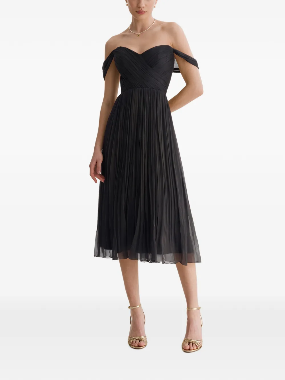 FRAMBOISE Canneline off-shoulder pleated midi dress Zwart