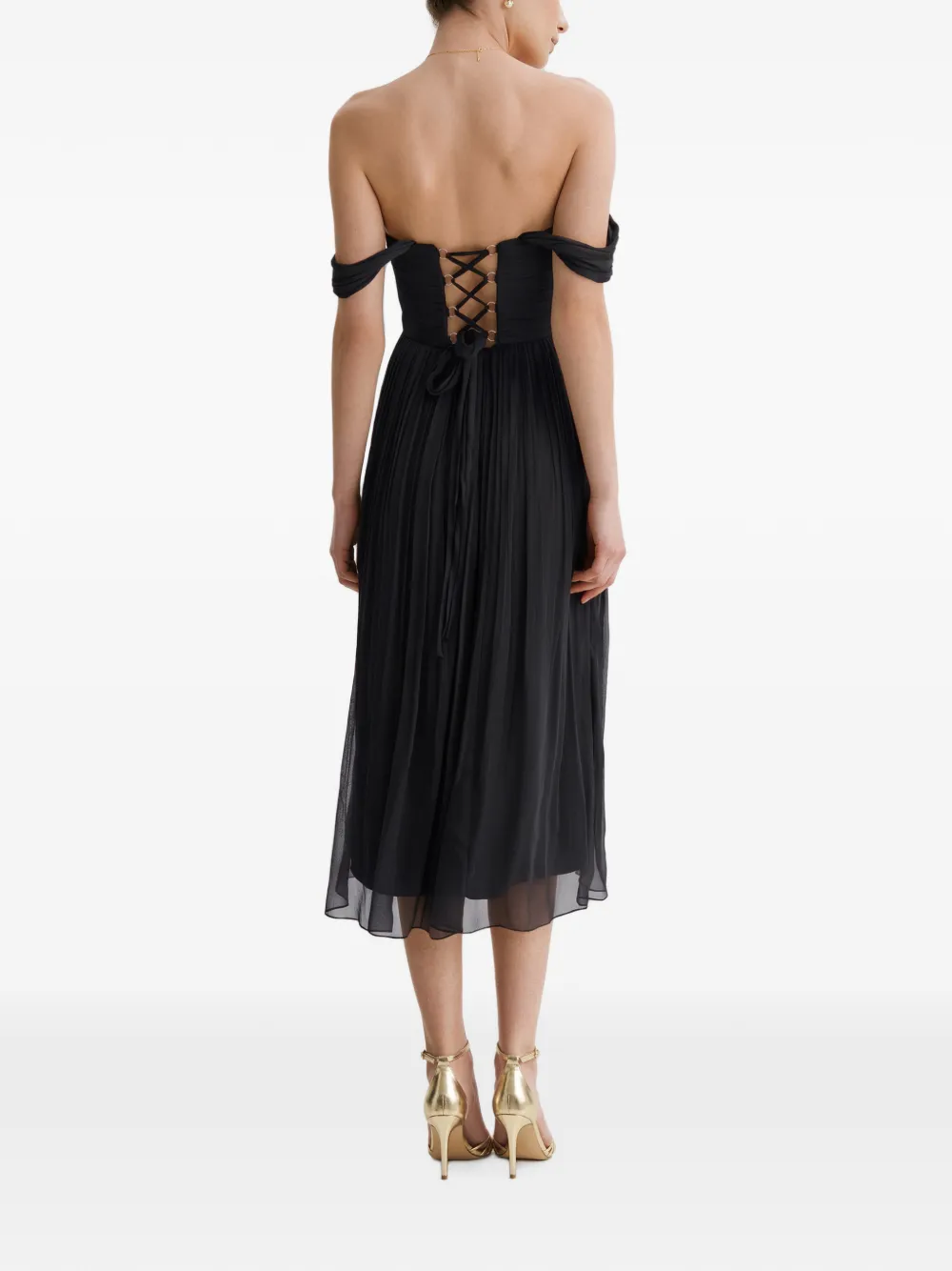 FRAMBOISE Canneline off-shoulder pleated midi dress Zwart