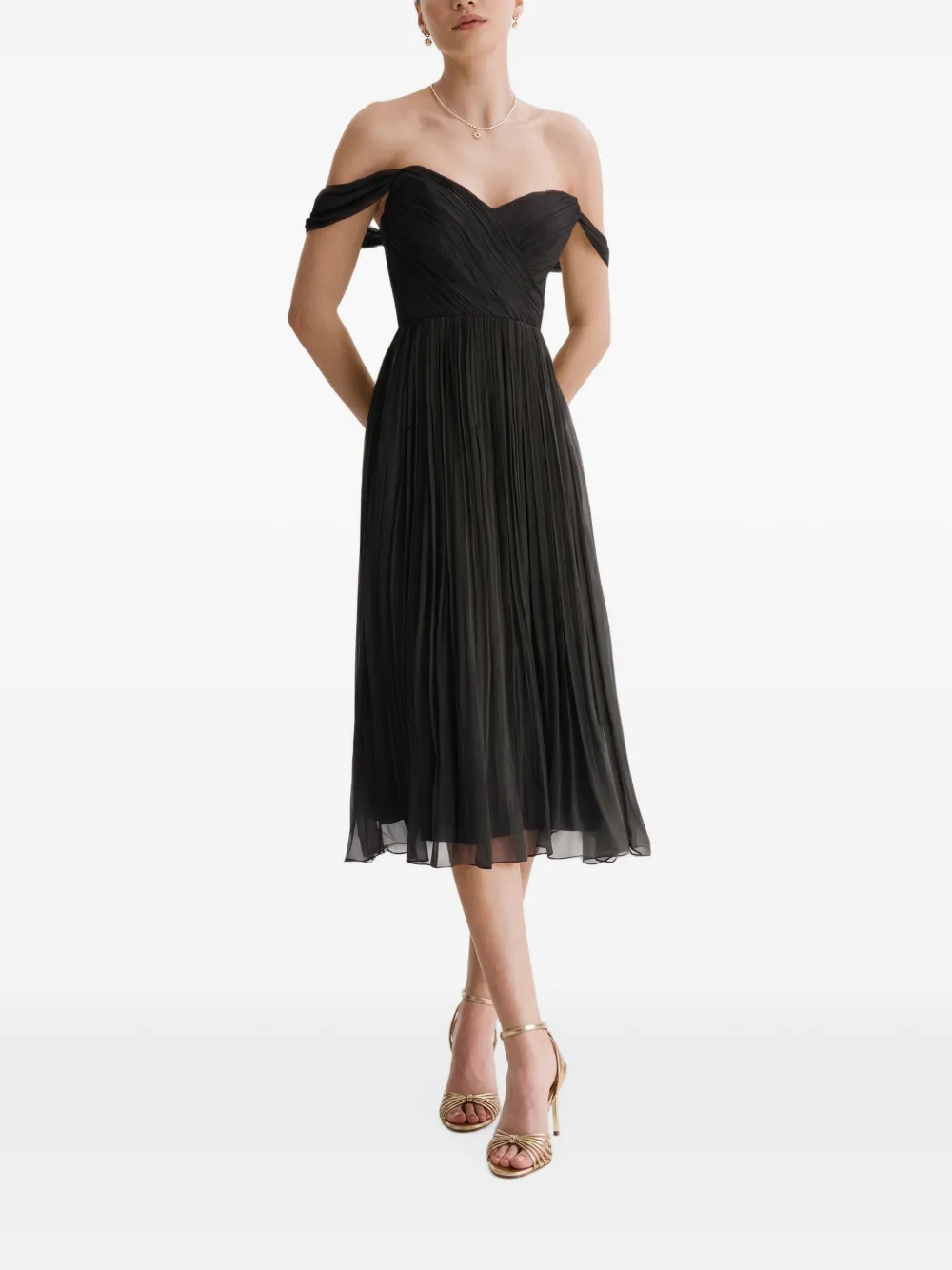 Framboise Canneline Off-shoulder Pleated Midi Dress In Black