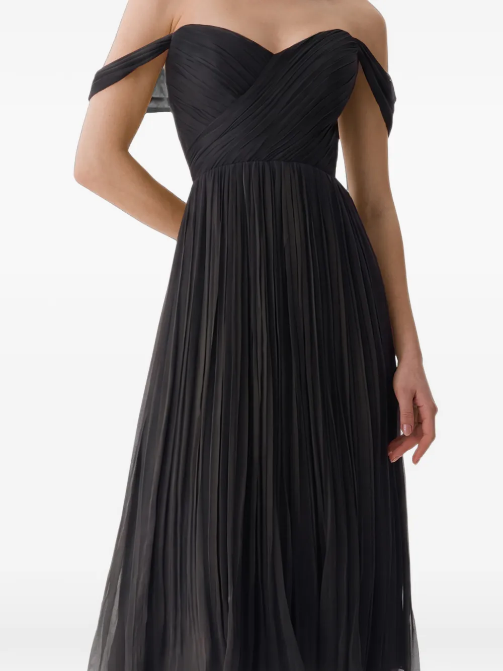 FRAMBOISE Canneline off-shoulder pleated midi dress Zwart