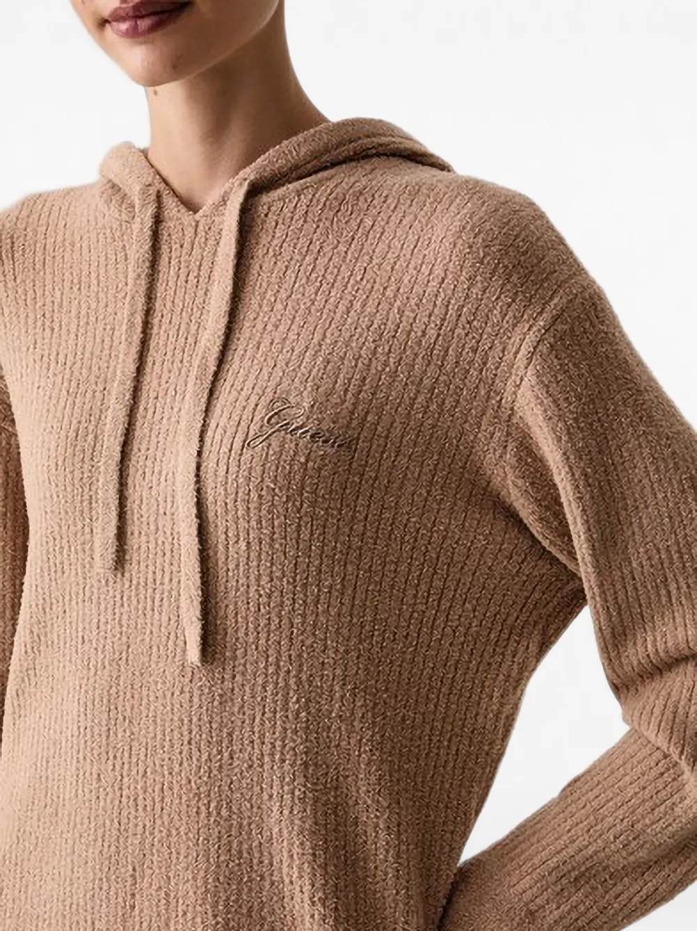 GUESS USA Ribgebreide hoodie met geborduurd logo Beige
