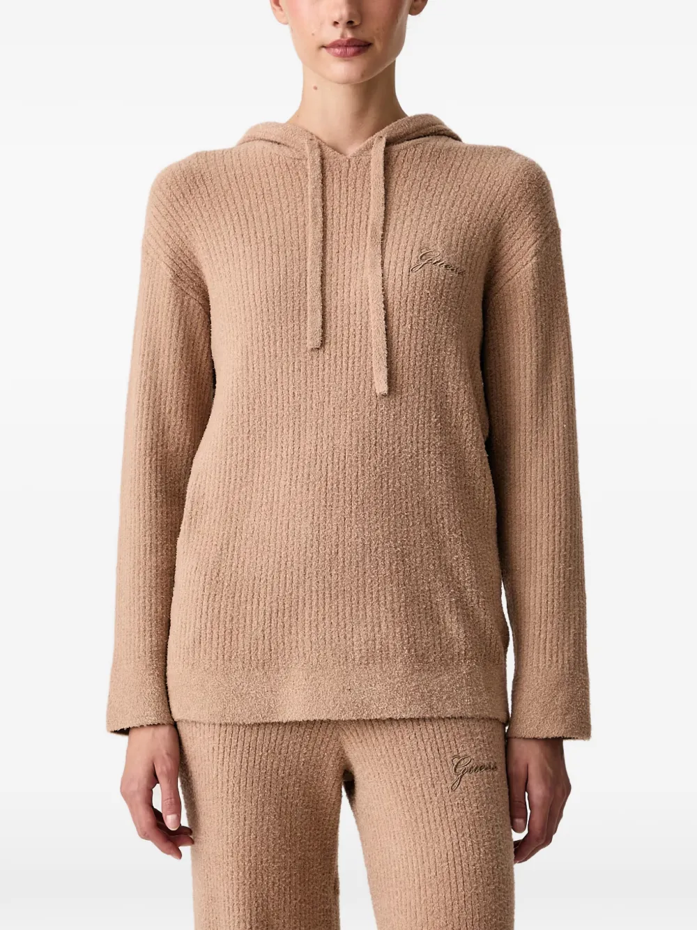 GUESS USA Ribgebreide hoodie met geborduurd logo Beige