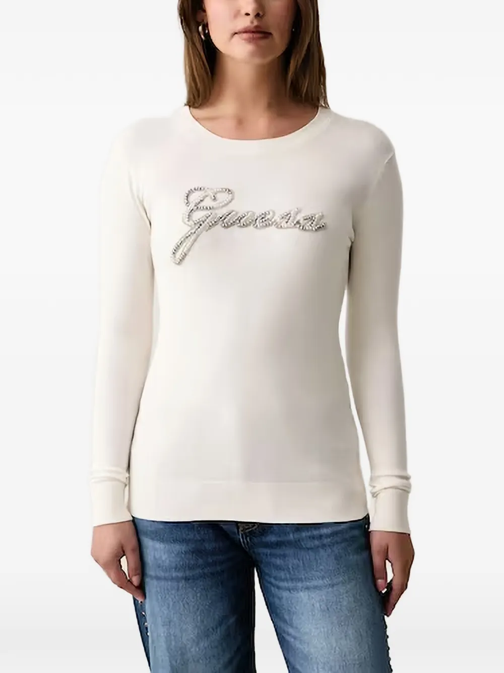 GUESS USA Trui met logo verfraaid met imitatieparels Beige