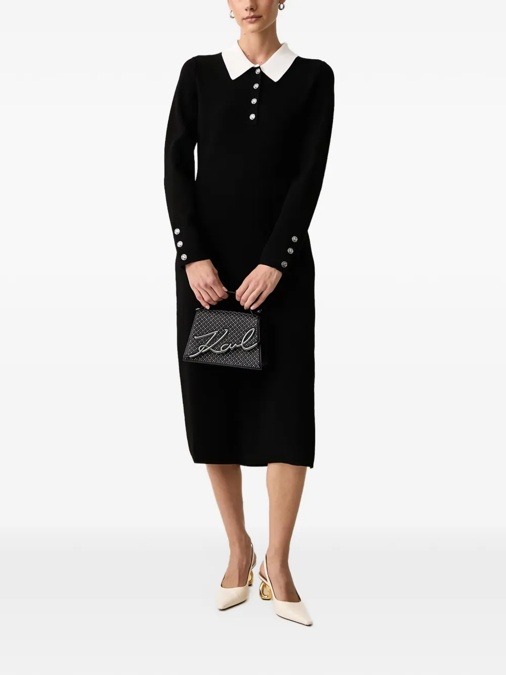 Karl Lagerfeld Midi-jurk met contrasterende kraag en logo-knoop Zwart