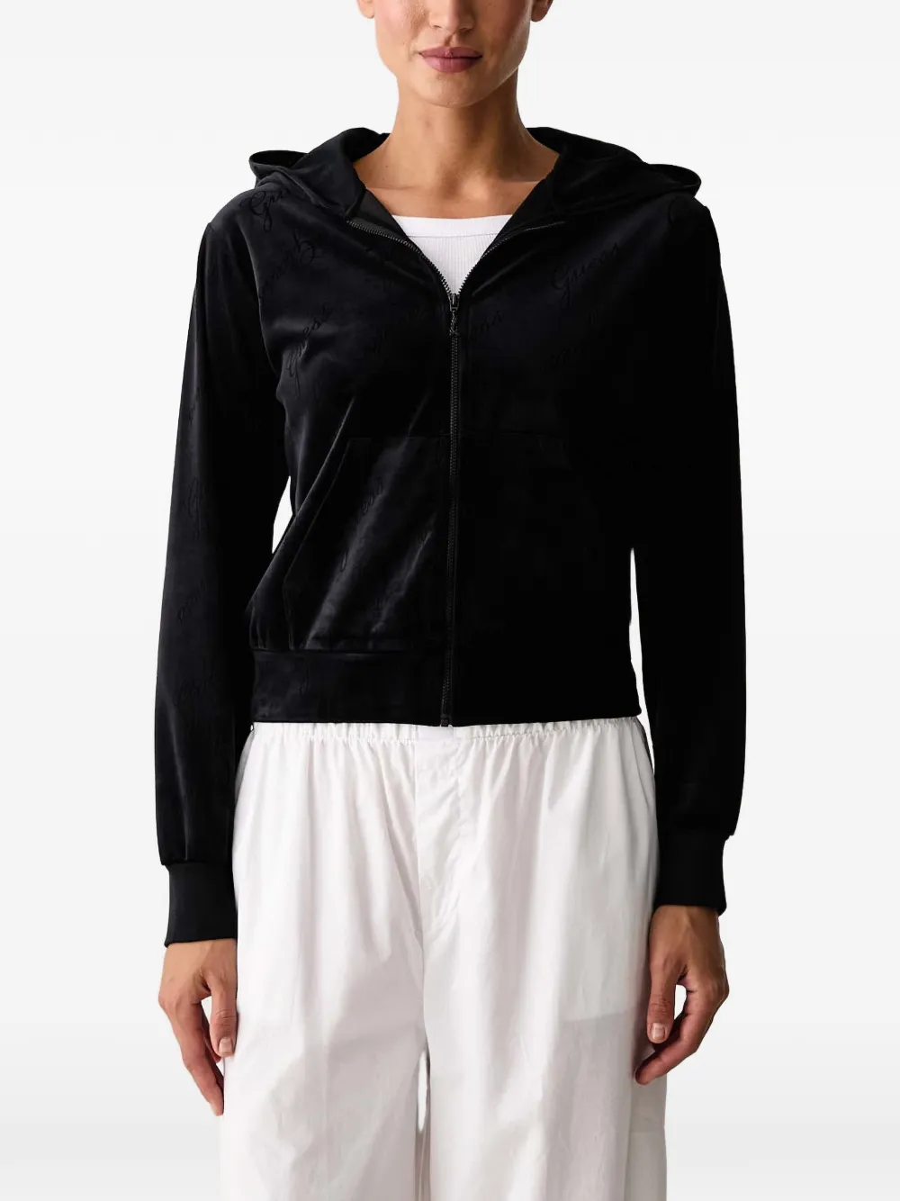 GUESS USA Loren logo-embossed velour hoodie - Schwarz
