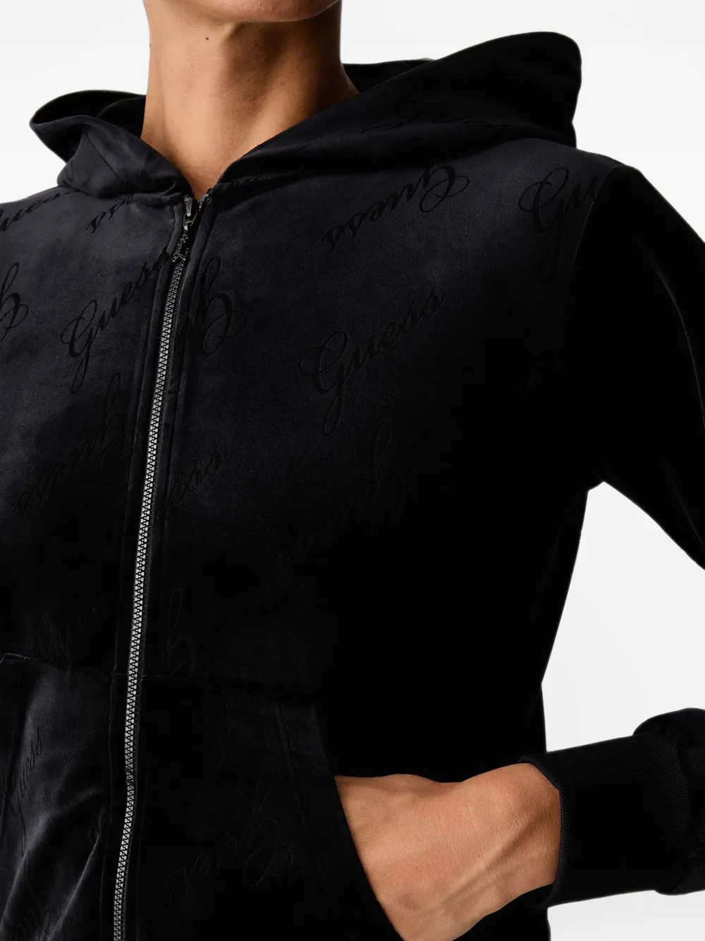 GUESS USA Loren fluwelen hoodie met logo-reliëf Zwart