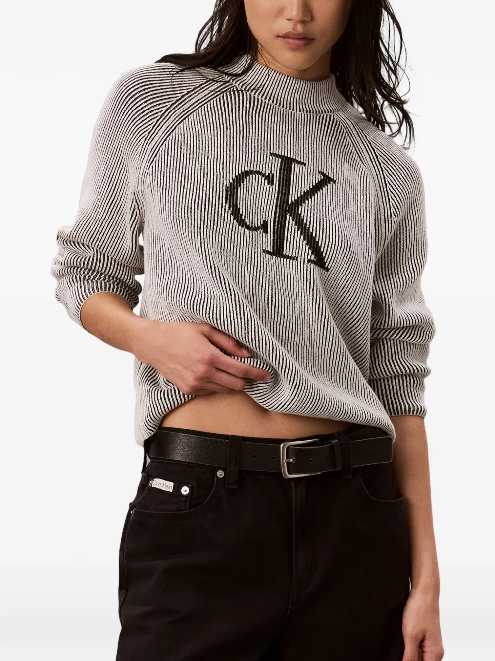 Calvin Klein Trui met logo-intarsia en raglan mouwen Zwart