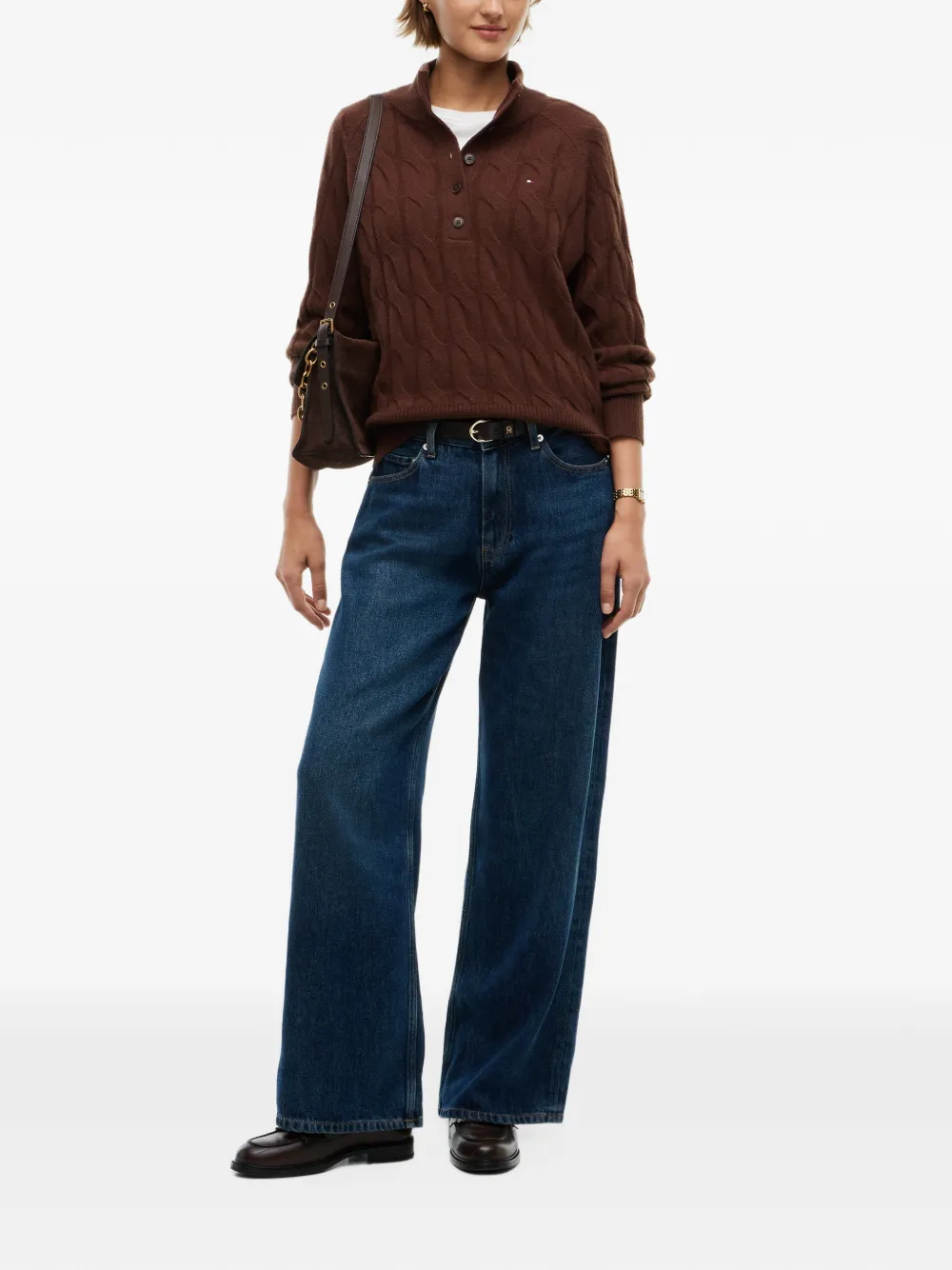 Tommy Hilfiger Kabelgebreide trui met knopen Bruin