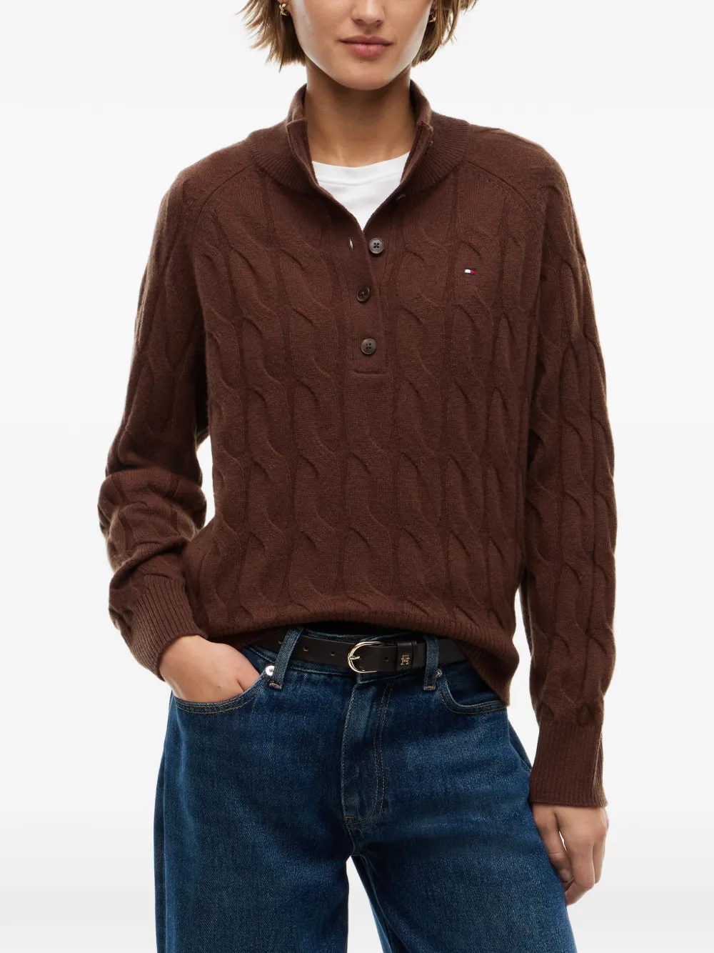 Tommy Hilfiger Kabelgebreide trui met knopen Bruin