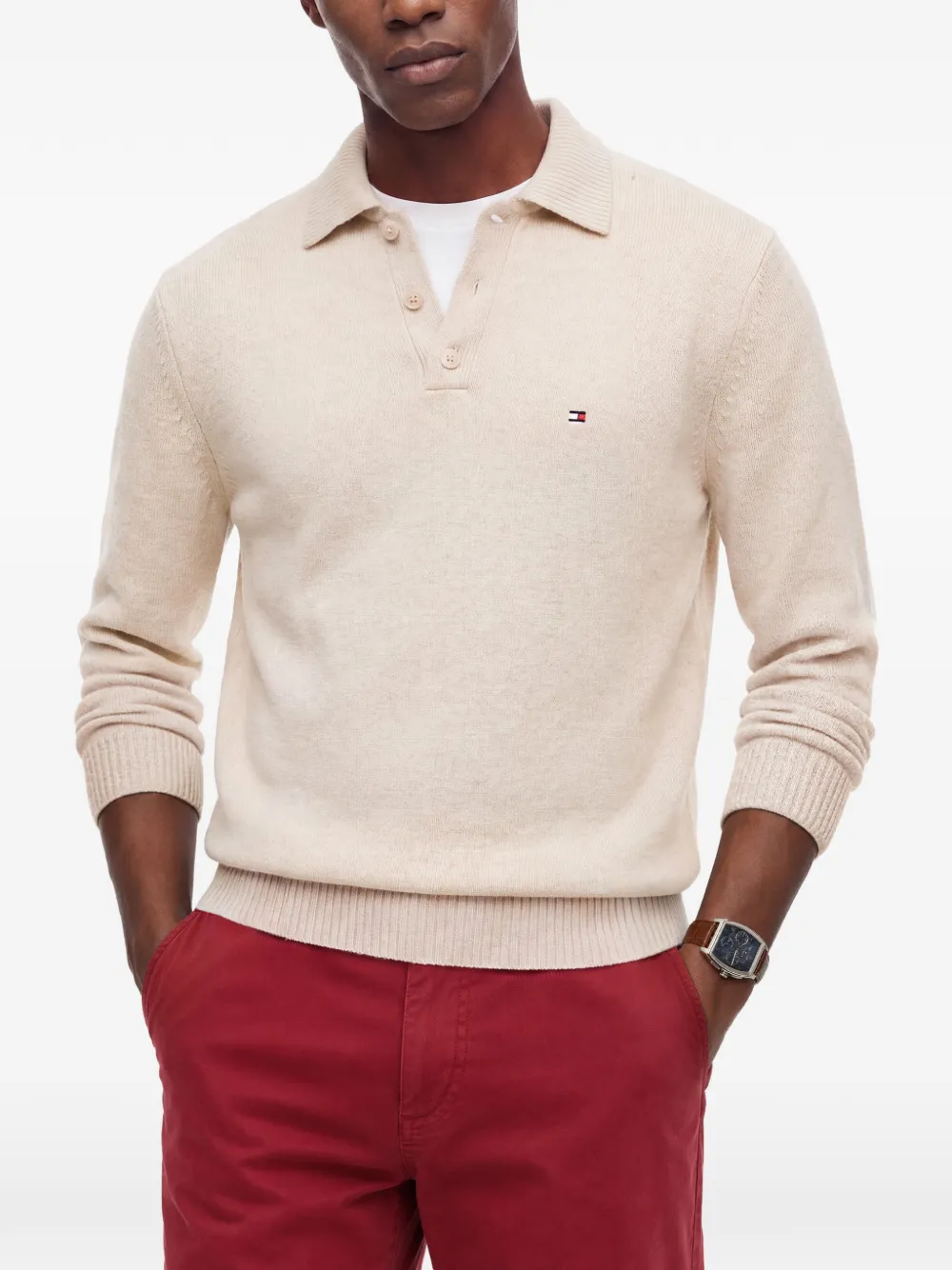Tommy Hilfiger Trui met kraag en knopen Beige